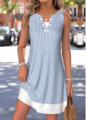 Robe courte à rayures bleu poussiéreux Rotita 2 en 1 à col en V
