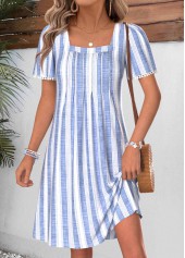 ROTITA Light Blue Striped Tummy Coverage Short Square Neck Dress