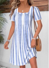Light Blue dresses,Striped dresses,Geometric dresses,Everyday dresses,Casual dresses,ROTITA Light Blue Striped Tummy Coverage Short Square Neck Dress