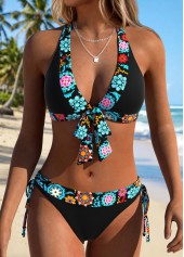 Black swimwear,Tribal swimwear,ROTITA Black Patchwork Tribal Print Mid Waisted Bikini Set