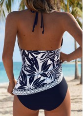 Navy swimwear,Plants swimwear,ROTITA Navy Patchwork Tropical Plants Print Mid Waisted Tankini Set