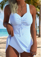 ROTITA Blue Tummy Coverage Striped Mid Waisted Tankini Set
