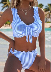 Light Blue swimwear,Striped swimwear,Geometric swimwear,ROTITA Light Blue Bowknot Striped Mid Waisted Bikini Set