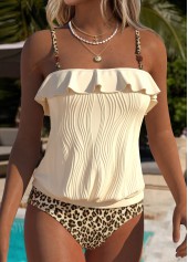 Beige swimwear,Leopard swimwear,Animal Print swimwear,ROTITA Beige Ruffle Leopard Mid Waisted Tankini Set