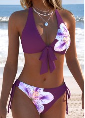 Dark Reddish Purple swimwear,Floral swimwear,Plants swimwear,ROTITA Dark Reddish Purple Patchwork Floral Print Bikini Set