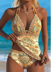ROTITA Dark Camel Two-piece Tribal Print Mid Waisted Tankini Set