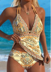 Dark Camel swimwear,Tribal swimwear,ROTITA Dark Camel Two-piece Tribal Print Mid Waisted Tankini Set