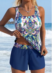 Black swimwear,Tribal swimwear,ROTITA Black Two-piece Tribal Print Mid Waisted Tankini Set