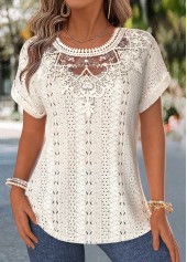 Rotita-Bluse mit Bauchbedeckung beige Rundhalsausschnitt und kurzen Ärmeln