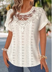 Beige tops,Plain Color tops,ROTITA Tummy Coverage Beige Round Neck Short Sleeve Blouse