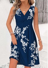 Robe courte sans manches à imprimé floral bleu marine Rotita