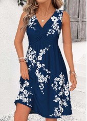 Navy dresses,Floral dresses,Plants dresses,Vacation dresses,Vacation dresses,ROTITA Navy Floral Print Shirred Short V Neck Sleeveless Dress