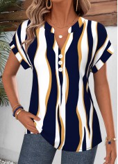 Bluse mit geschwungenem Saum geometrischem Muster und marineblauem V-Ausschnitt