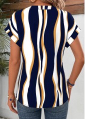 Navy tops,Geometric tops,ROTITA Curved Hem Geometric Print Navy Split Neck Blouse