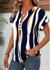 Navy tops,Geometric tops,ROTITA Curved Hem Geometric Print Navy Split Neck Blouse