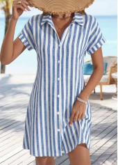 ROTITA Denim Blue Striped Tummy Coverage Short Shirt Collar Dress