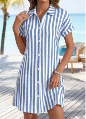 Denim Blue dresses,Striped dresses,Geometric dresses,Everyday dresses,Casual dresses,ROTITA Denim Blue Striped Tummy Coverage Short Shirt Collar Dress
