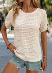 Beige tops,Plain Color tops,ROTITA Patchwork Beige Round Neck Short Sleeve T Shirt