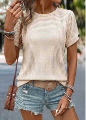 Beige tops,Plain Color tops,ROTITA Patchwork Beige Round Neck Short Sleeve T Shirt