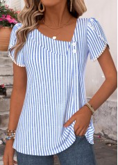 ROTITA Shirred Striped Blue Short Sleeve Blouse