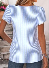 Blue tops,Striped tops,Geometric tops,ROTITA Shirred Striped Blue Short Sleeve Blouse