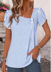 Blue tops,Striped tops,Geometric tops,ROTITA Shirred Striped Blue Short Sleeve Blouse