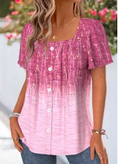 Pink tops,Ombre tops,ROTITA Tummy Coverage Ombre Pink Square Neck Short Sleeve Blouse