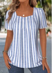 ROTITA Plus Size Pleated Blue Striped Square Neck T Shirt