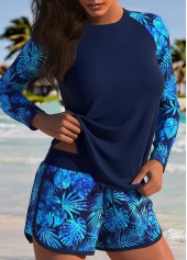 Navy swimwear,Plants swimwear,ROTITA Navy Tummy Coverage Tropical Plants Print Tankini Set