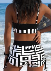 Black swimwear,Geometric swimwear,ROTITA Black Drawstring Geometric Print Mid Waisted Bikini Set