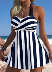 Navy swimwear,Striped swimwear,Geometric swimwear,ROTITA Navy Striped Mid Waisted Tankini Set