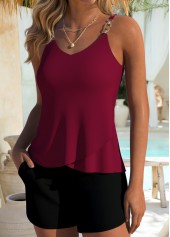 Wine Red swimwear,Plain Color swimwear,ROTITA Wine Red Layered Mid Waisted Tankini Set