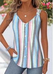 ROTITA Curved Hem Multi Stripe Print V Neck Tank Top