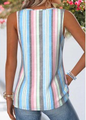 Multi Color tops,Striped tops,Geometric tops,ROTITA Curved Hem Multi Stripe Print V Neck Tank Top