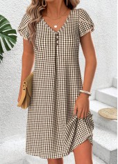 ROTITA Light Coffee Plaid Tummy Coverage Short V Neck Dress