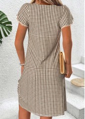 Light Coffee dresses,Plaid dresses,Geometric dresses,Vacation dresses,Vacation dresses,ROTITA Light Coffee Plaid Tummy Coverage Short V Neck Dress