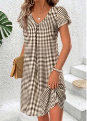 Light Coffee dresses,Plaid dresses,Geometric dresses,Vacation dresses,Vacation dresses,ROTITA Light Coffee Plaid Tummy Coverage Short V Neck Dress