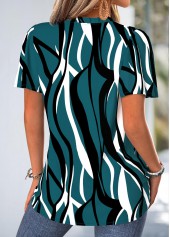 Blackish Green tops,Geometric tops,ROTITA Frill Geometric Print Blackish Green V Neck Blouse