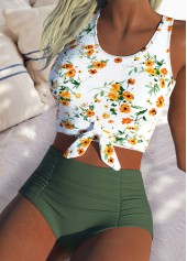 Ensemble bikini taille haute à imprimé floral discret vert sauge Rotita