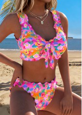 Ensemble bikini taille mi-haute à imprimé floral et ourlet festonné rose Rotita