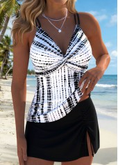 Black swimwear,Tie Dye swimwear,ROTITA Black Surplice Tie Dye Print Mid Waisted Tankini Set