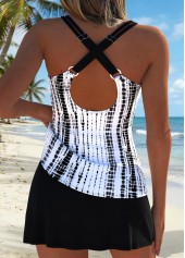 Black swimwear,Tie Dye swimwear,ROTITA Black Surplice Tie Dye Print Mid Waisted Tankini Set