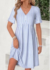 ROTITA Light Blue Striped Shirred Short V Neck Dress