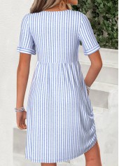 Light Blue dresses,Striped dresses,Geometric dresses,Everyday dresses,Casual dresses,ROTITA Light Blue Striped Shirred Short V Neck Dress