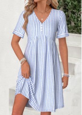Light Blue dresses,Striped dresses,Geometric dresses,Everyday dresses,Casual dresses,ROTITA Light Blue Striped Shirred Short V Neck Dress