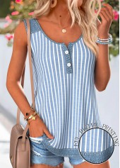 ROTITA Button Striped Denim Blue Round Neck Sleeveless Tank Top