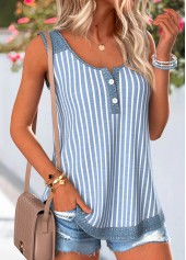 Denim Blue tops,Striped tops,Geometric tops,ROTITA Button Striped Denim Blue Round Neck Sleeveless Tank Top