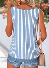 Denim Blue tops,Striped tops,Geometric tops,ROTITA Button Striped Denim Blue Round Neck Sleeveless Tank Top
