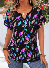 Rotita – Bauchbedeckende schwarze Bluse mit Blumenmuster und Schlitz am Hals