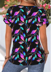Black tops,Floral tops,Plants tops,ROTITA Tummy Coverage Floral Print Black Split Neck Blouse